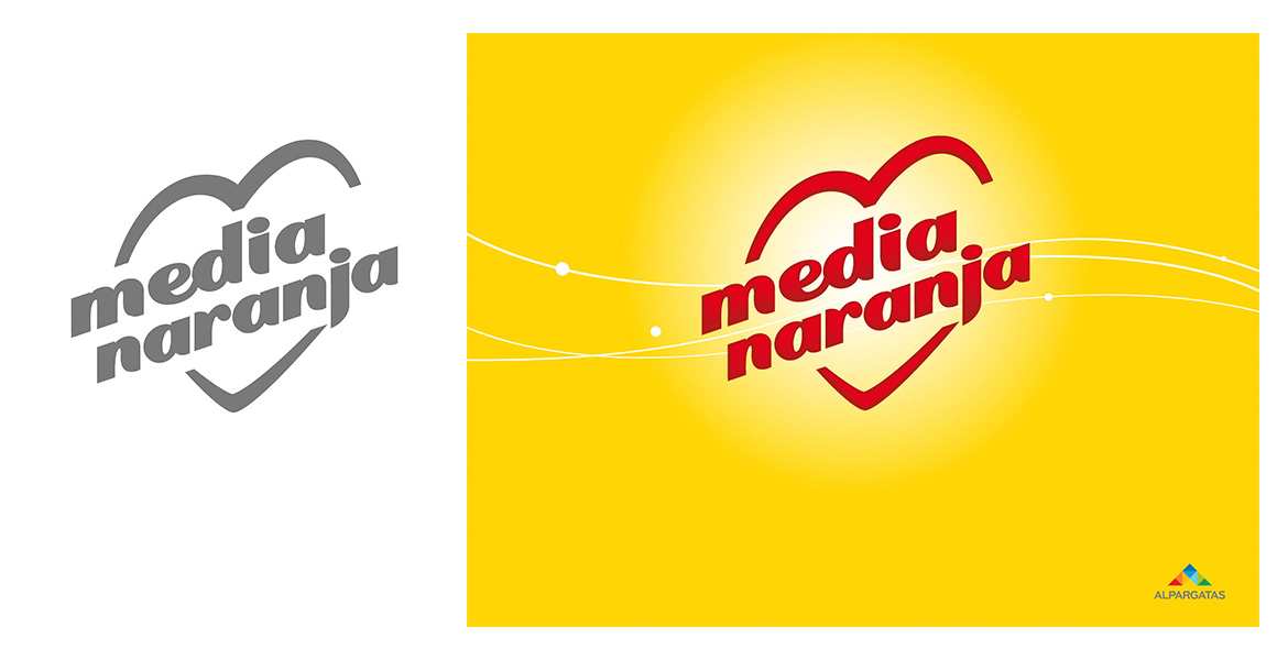 Media Naranja: marca anterior y nueva marca sobre fondo amarillo